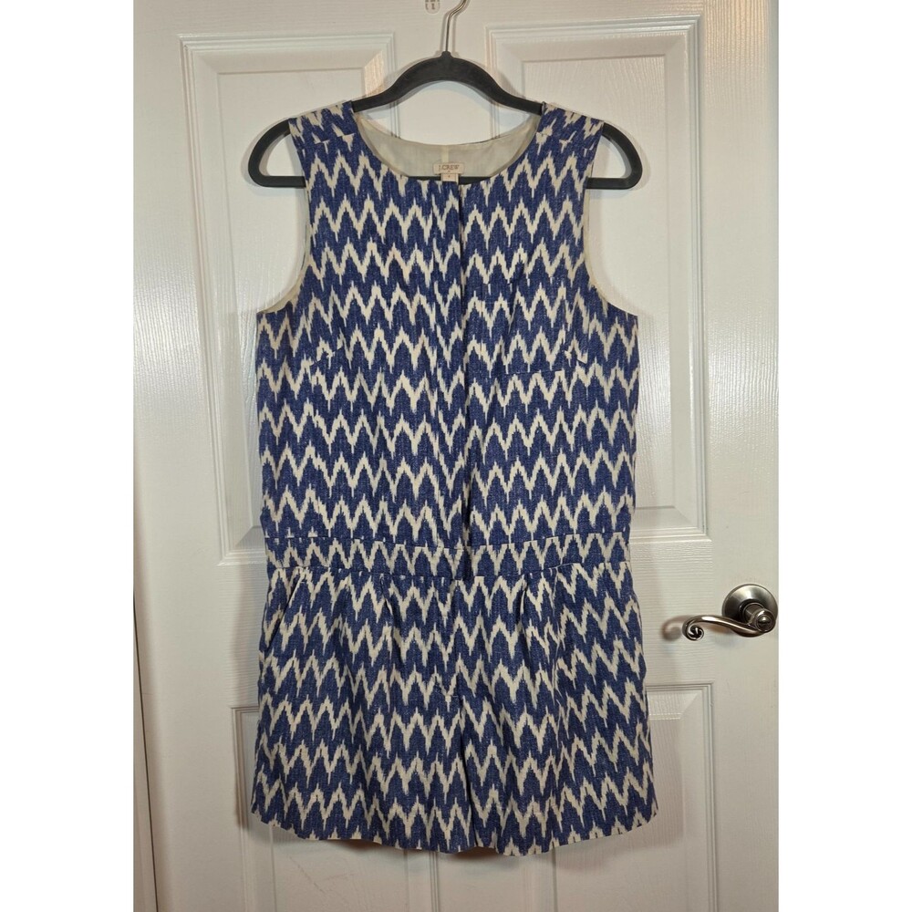 J. Crew Womens Size 8 Linen Blend Blue Ikat Romper Nautical Beach Coastal Resort